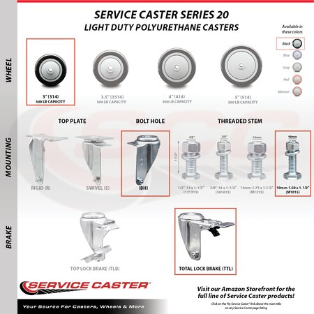Service Caster 3 Inch Black Polyurethane Swivel 10mm Stem Caster Set with Total Lock Brake SCC-TSTTL20S314-PPUB-BLK-M1015-4